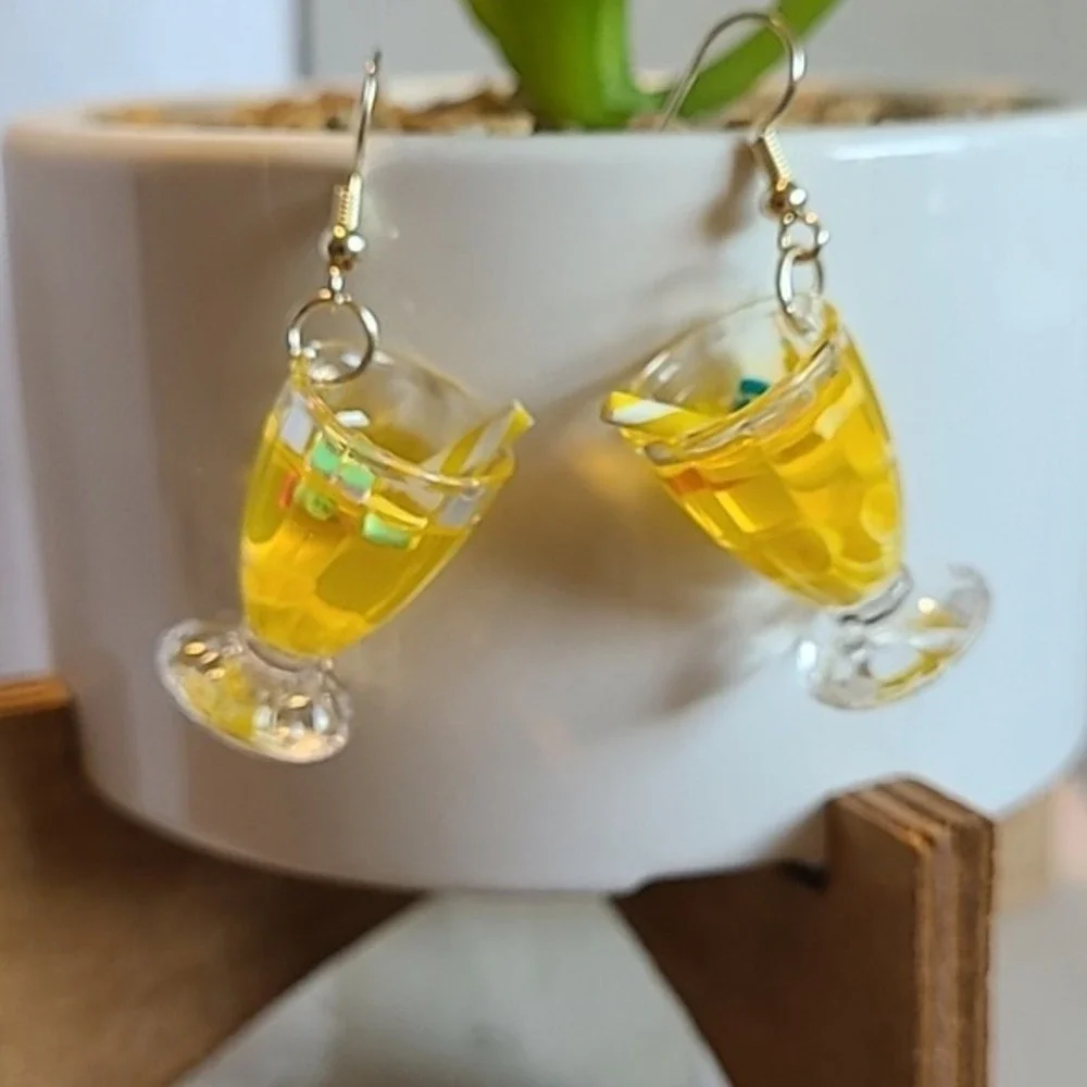 Handmade Yellow Lemonade Glass Drink Earrings Miniature Food Dangle Drops Summer